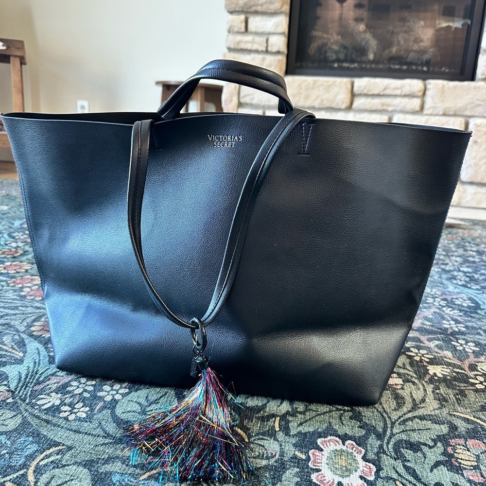 Victoria's Secret Womens Black Faux Leather Tote Bag Rainbow Tassle 22"x13" NWOT